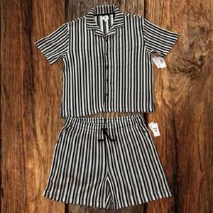 Mode of One Mens XXL Crochet Shirt Shorts Set Black White Striped 2pc NWT